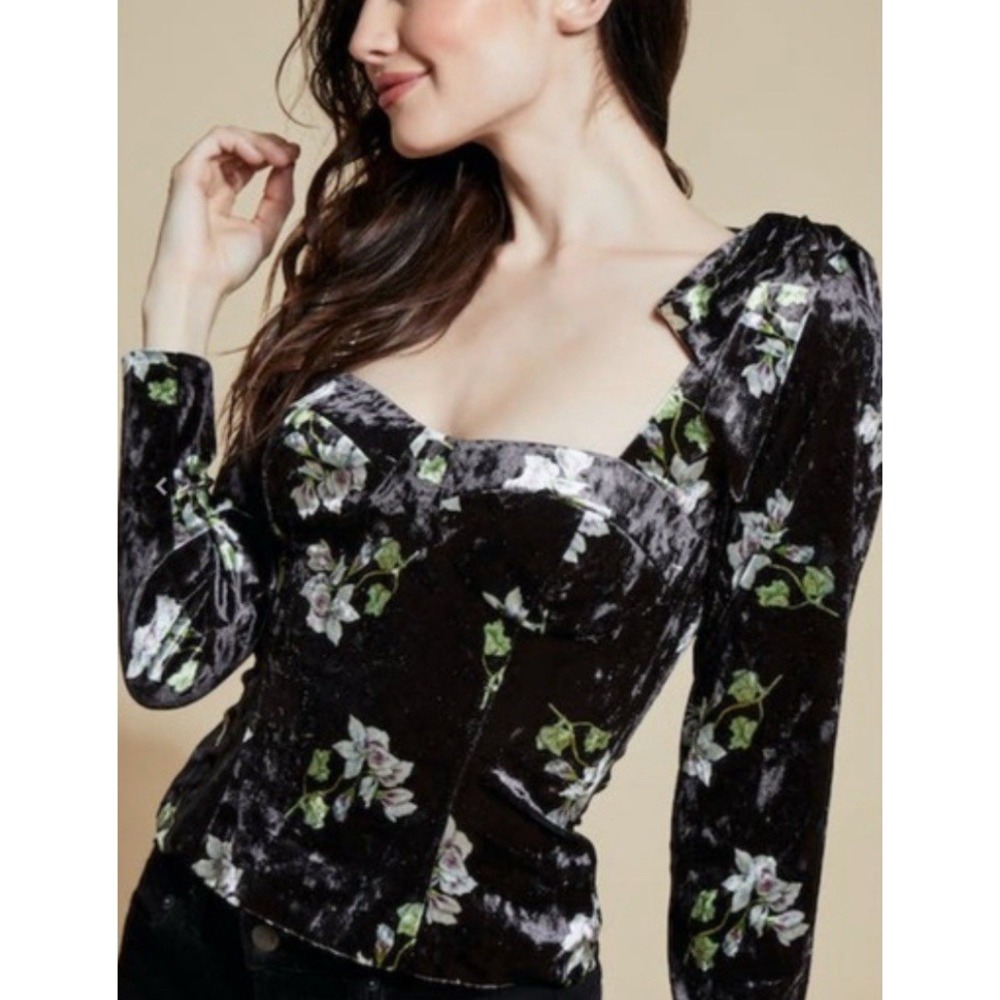 Anthropologie Hutch Womens Black Floral Velvet Bows Crop Top Fall Blouse Small